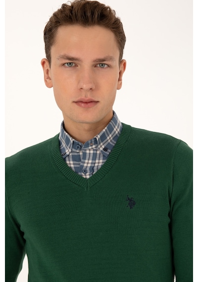 U.S. Polo Assn. Erkek Slim Fit V Yaka Koyu Yeşil Basic Triko Kazak 50313662-VR079