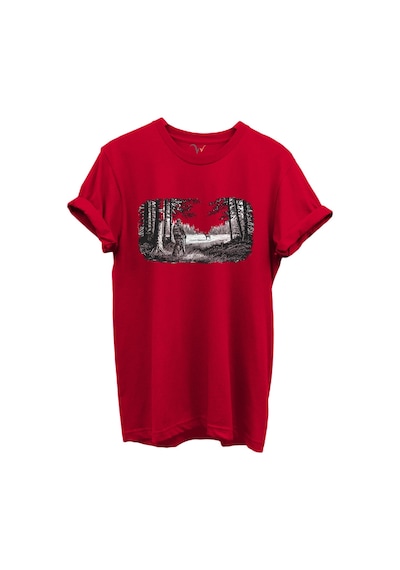Avcı Ve Geyik Orman Manzarası Çizim Baskılı %100 Pamuk Regular Fit Bisiklet Yaka Unisex T-shirt Kırmızı