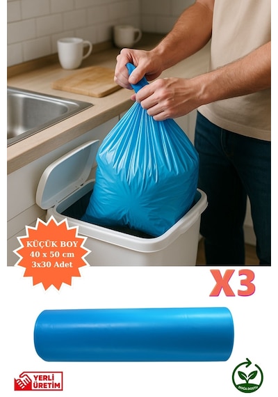 Premium Küçük Boy Çöp Poşeti 40x50 Cm 3x30 Adet Ev Mutfak Banyo İş Ofis Avantajlı Ekonomik Paket