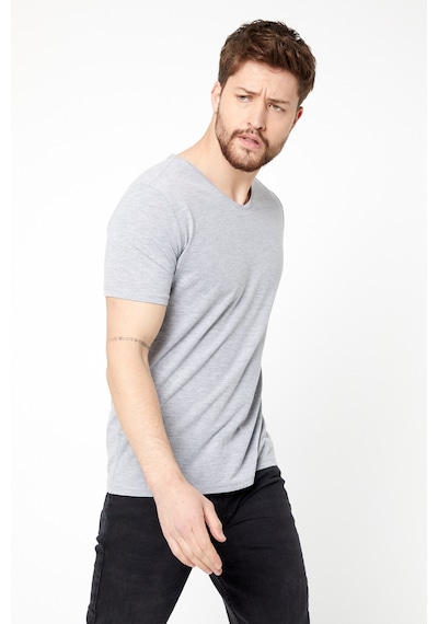 Erkek Indigo %100 Pamuk Basıc Regular Fit Pamuklu Kısa Kollu V Yaka T-shirt Gri