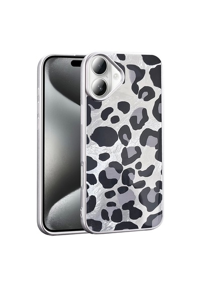 Apple Uyumlu iPhone 16 Kılıf Desenli Zore Mep Kapak Gri Leopar