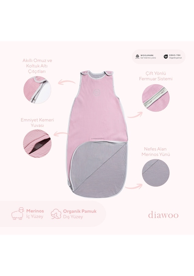 Diawoo Cocoon 4 Mevsim Merino Uyku Tulumu,org. Pamuk Dış Yüzey , 0 - 12 Ay Ayarlanabilir Pembe Pembe 0 - 1 Yaş
