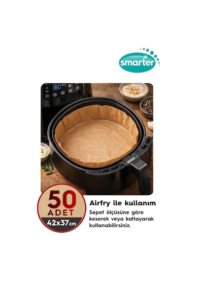 Smarter 50 Adet Ağartılmamış Hazır Kesilmiş Pişirme Kağıdı Airfryer 42x37cm Yapışmaz