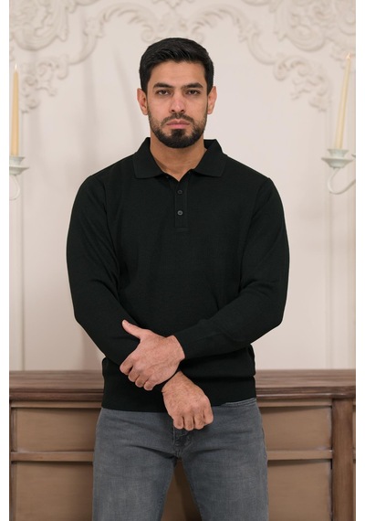 Woolen World Polo Yaka Düz Renk Yünlü Erkek Triko Kazak Siyah