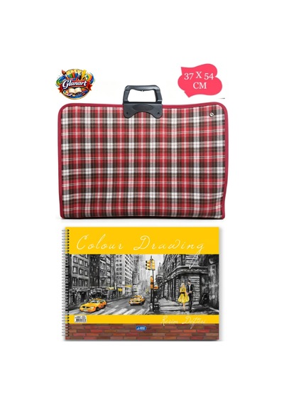 35x50 Cm Resim Çantası + 35x50 Resim Defteri Askılı - Fermuarlı Ekoseli Desen
