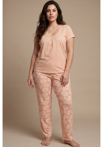 Siyah İnci Dantelli Büyük Beden Battal Viskon Örme Pijama Takım 8066 Somon