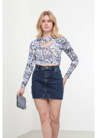 Pencere Detaylı Jakarlı Crop Top 001