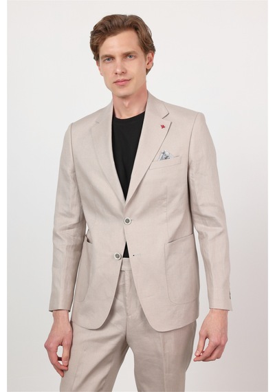 İmza Bej Mono Yaka Keten 6 Drop Slim Fit Yarım Astar %100 Keten Takım Elbise 1001260164 Koyu Bej