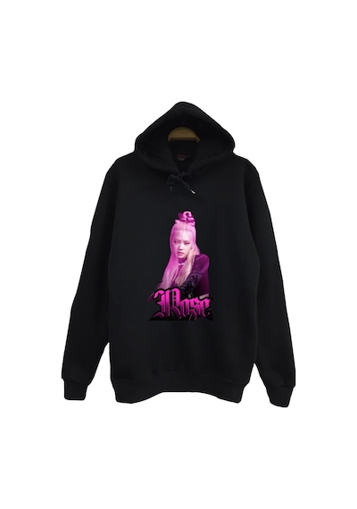 Rosé - Blackpınk - K-pop - Baskılı Unisex %100 Pamuk Kapüşonlu Siyah Sweatshirt Siyah