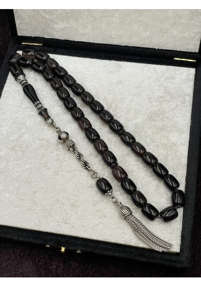 Alpaka Nakkaş İmameli Siyah-gri Sıkma Kehribar Tesbih 9x11 Mm