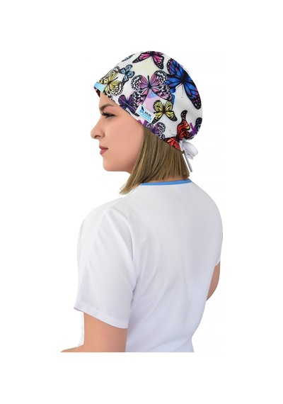 Unisex Mor Kelebekli Doktor Hemşire Cerrahi Hastane Aşçı Bonesi Beyaz Beyaz