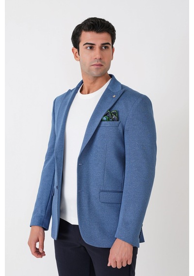 Slim Fit Sivri Yaka Çift Yırtmaçlı Esnek Yünlü İndigo Ceket C 746 Indıgo
