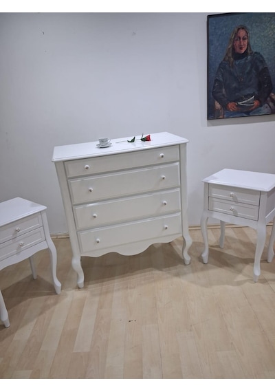 Şifonyer 2 Adet Komodin 90668 Model Aslan Ayak Kayın Parlak Beyaz Porselen Kulp