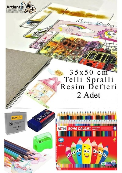 36 Renk Kuru Boya Fatih 35x50 Cm Telli Spralli Resim Defteri Hamur Silgi Kalemtraş 15 Yaprak Resim Defteri Kuruboya Çok Renkli