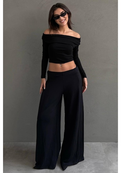 Madmext Siyah Yumuşak Dokunuşlu, Yanları Pilili, Modal İçeren Geniş Paça Pantolon Mg2668