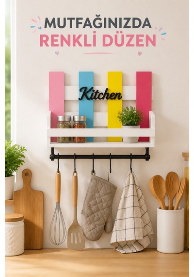 Dekoratif Kitchen Mutfak Rafı Baharatlık Ve 6 Kancalı Duvar Askısı Diğer