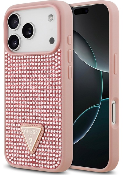 Apple Uyumlu iPhone 17 Pro Kılıf Guess Lisanslı Taşlı Arka Yüzey Üçgen Logolu Kapak Pembe