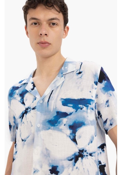 DeFacto Modern Fit Polo Yaka Desenli Keten Görünümlü Yazlık Kısa Kollu Gömlek E1206AX25SMIN147