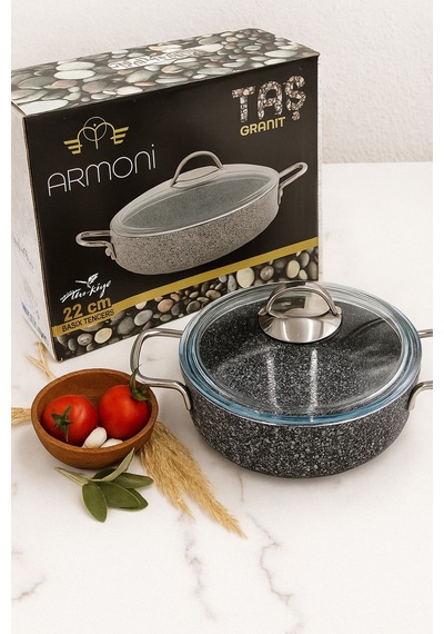Taş Granit 26 Cm Basık Pilav Tenceresi Yanmaz Yapışmaz, Döküm Granit - Kaliteli Ürün-3 Gri