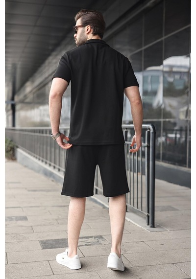 Madmext Siyah Yarım Fermuarlı Polo Yaka T-shirt Şort Takım E7348 Siyah