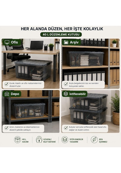Lorempbox 40 L Ofis & İş Yeri Düzenleme Kutusu 4'lü Set Çok Renkli