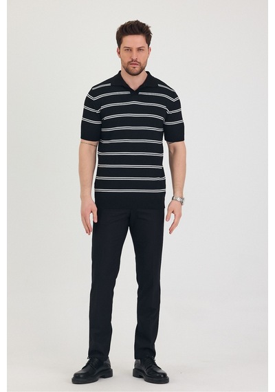 Tarz Cool Erkek Polo Yaka Çift Çizgi Detaylı Triko T-shirt Siyah