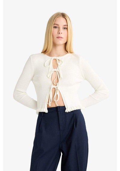Defacto Coool Slim Fit Dar Kesim Bisiklet Yaka Önden Bağlamalı Hırka G3409ax25wnwt32 Beyaz