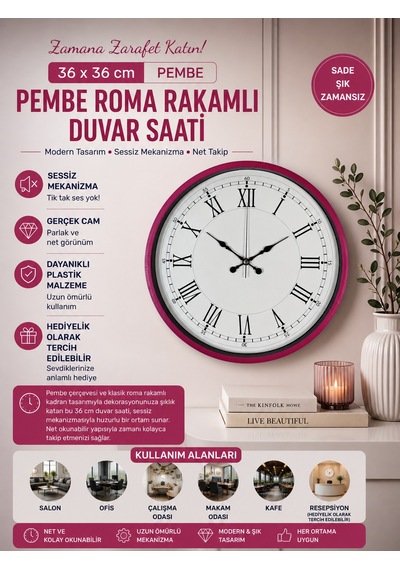 36 Cm Pembe Roma Rakamlı Duvar Saati Roma Rakamlı 18355773