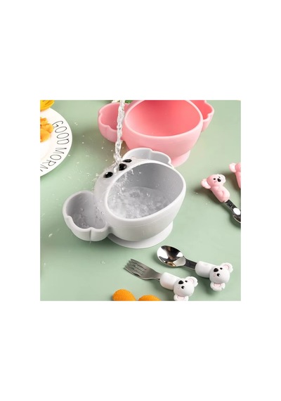Gri Koala Premium Çocuk Vakumlu Silikon Beslenme Mama Kase, Paslanmaz Çelik Çatal-kaşık 9+ Ay
