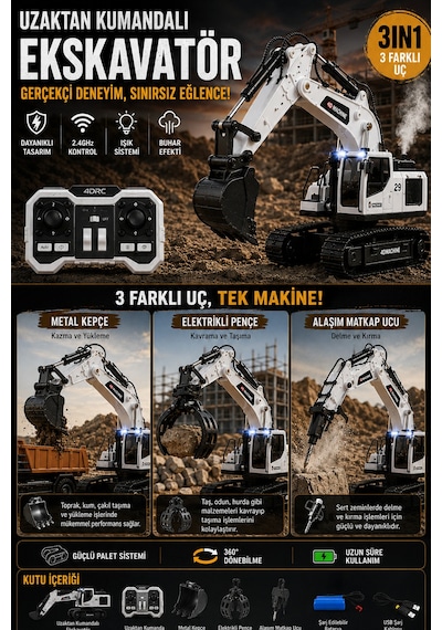 3in1 Excavator Kırıcı Delici Taşıyıcı Rc Uzaktan Kumandalı Işıklı Sesli Metal Alaşım Ekskavatör İş Makinesi Beyaz