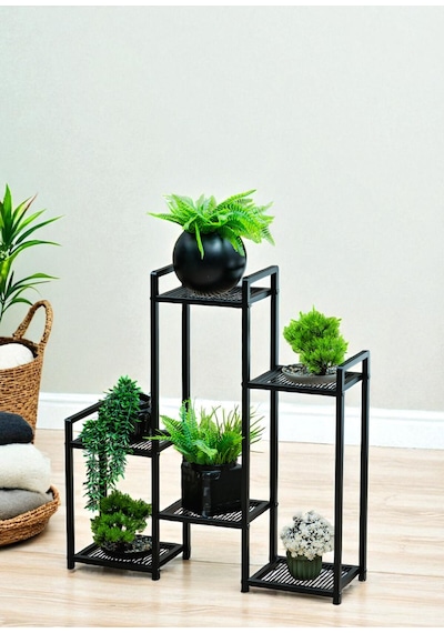 Dekoratif Metal 6 Raflı Saksılık Katlı Dikey Saksı Standı Çiçeklik Bahçe Ve Balkon Dekoru Garden Siyah