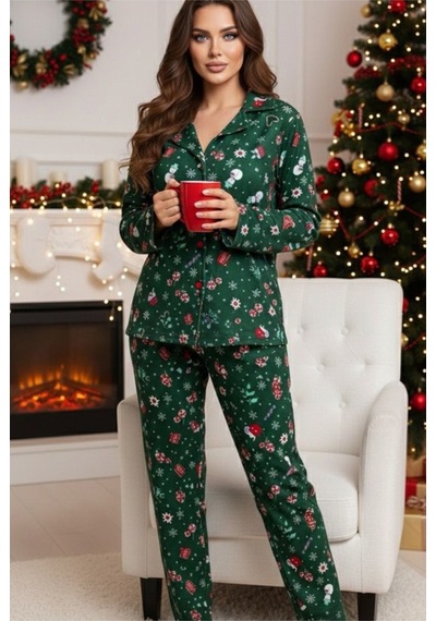 Siyah İnci Yumuşak Dokulu Süet Düğmeli Örme Pijama Takım 7984 Yeşil