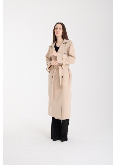 Bej Düğme Detaylı Oversize Kuşaklı Trençkot