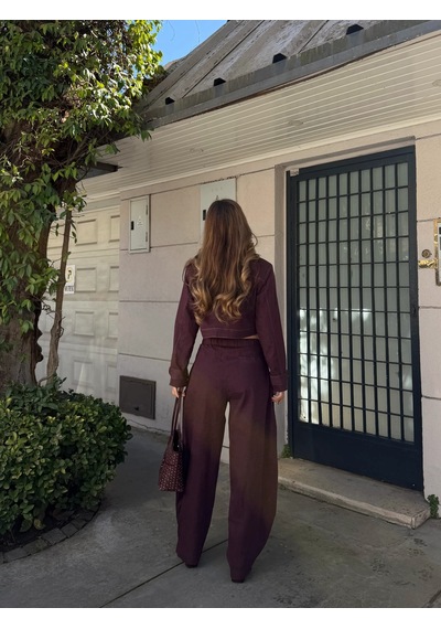 Laluvia Mürdüm Kot Crop Ceket Pantolon Takım - 51244 Mürdüm