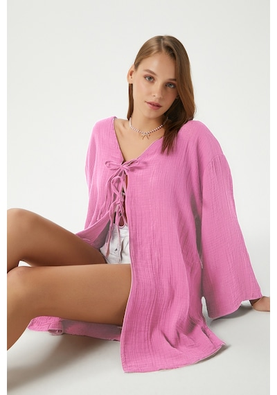 Ritnice Kadın Sandra %100 Pamuk Müslin Bağcıklı Pembe Kimono Pembe