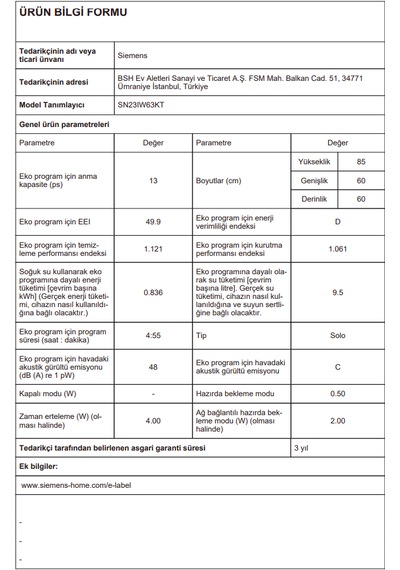 Siemens SN23IW63KT IQ300 13 Kişilik 6 Programlı Solo Bulaşık Makinesi