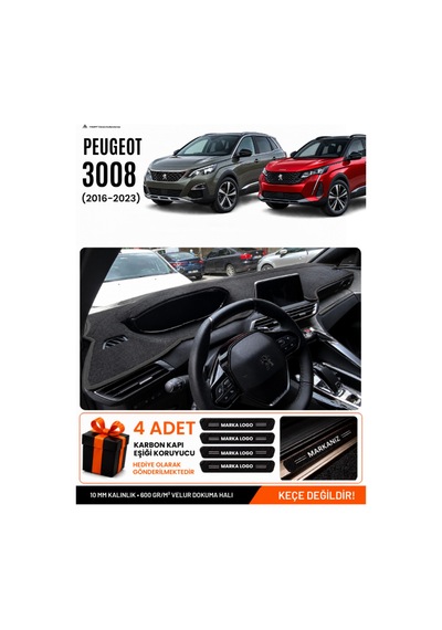 Peugeot 3008 2016-2023 Uyumlu Torpido Koruma, Torpido Örtüsü, Torpido Kılıfı - Siyah