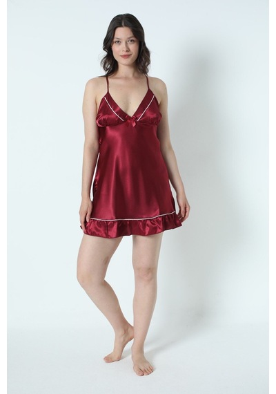 Alissa Kadın Bordo Saten Çeyiz Seti 6 Parça Beyaz Biyeli Sabahlık Gecelik Pijama Şortlu Takım 8630 Bordo