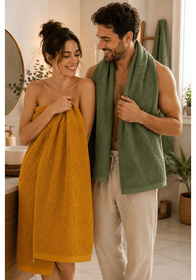 2'li Jakarlı Büyük Boy Banyo Havlusu 90x150 Cm %100 Pamuk Lorea 650 Gr Yeşil-hardal