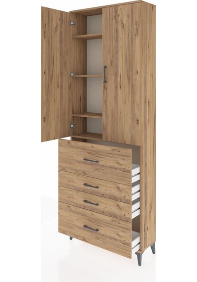 Arges Dolap 4 Raflı 4 Çekmeceli 2 Kapaklı 88x30x243 Çam-çam Çam