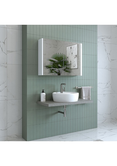 Banos Banyo Roomart Ad7 Kulpsuz 2 Kapaklı Mat Beyaz Mdf 80 Cm Aynalı Banyo Üst Dolabı Mat Beyaz