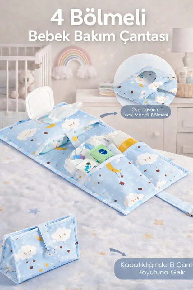 Premium Mavi Bebek Alt Bakım Çantası Mavi Pratik Organizer Seyahat Tipi Alt Açma Çantası 24x44