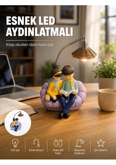 Okuyan Çift Figürlü Dekoratif Gece Lambası Hediye Seçeneği Çokrenkli