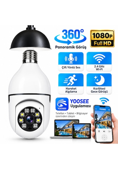 Ultratekno Lf-h68 E27 Wifi Ampul Kamera 360 1080p Gece Görüşlü Hareket Sensörlü Ip Kamera Yoosee