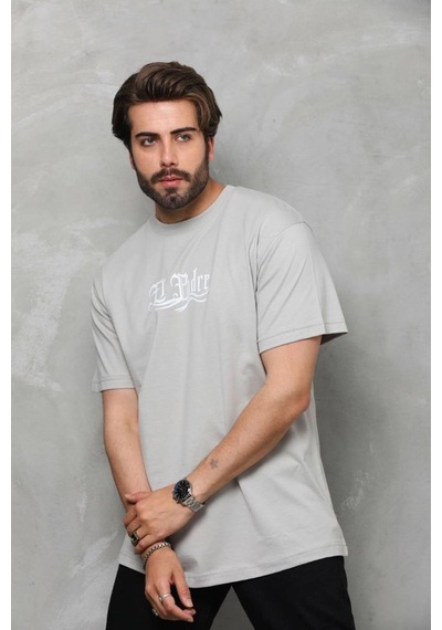 Erkek Kısa Kol Yazlık Tişört Bisiklet Yaka Baskılı Oversize T-shirt - Gri