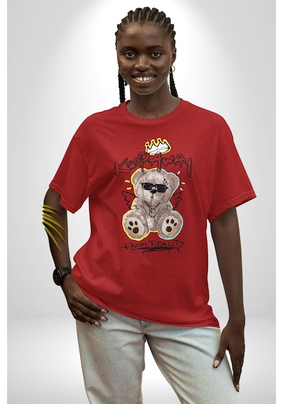 Gerçeklikten Uzak Tutun Pamuklu Bisiklet Yaka Unisex Oversize Boyfriend Dijital Baskılı Kırmızı T-shirt Kırmızı