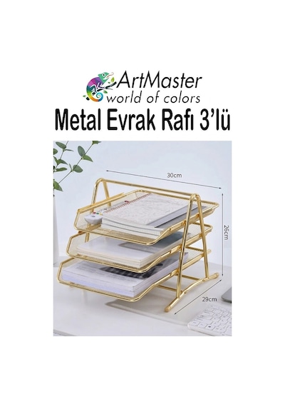 Altın Sarı Metal Evrak Rafı 3 Lü 1 Paket Masaüstü A4 Dosya 3 Katlı Düzenleyici Kağıt Tepsisi Metal Fileli Hareketli Altın