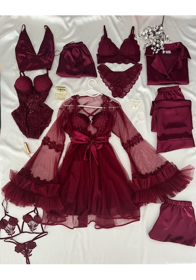 Mh Moony Homewears Kutulu 12'li Parça Pause Bordo Saten Pijama Gecelik Sabahlık Iç Giyim Çeyiz Seti Bordo Renk