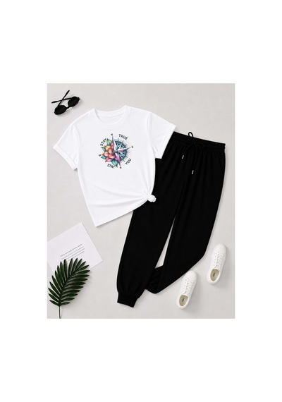 Herkesemoda Stay True Baskı Detaylı T-shirt Eşofman Takımı Beyaz
