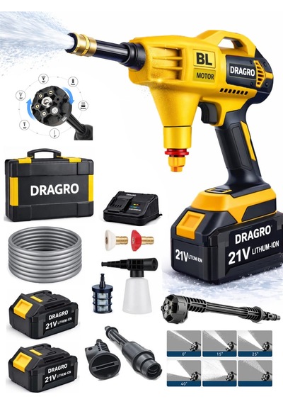 Dragro Drg-21vs - 21v S Kömürsüz Yüksek Basınçlı Şarjlı Oto Araba Bahçe Yıkama Makinesi Çift Akülü